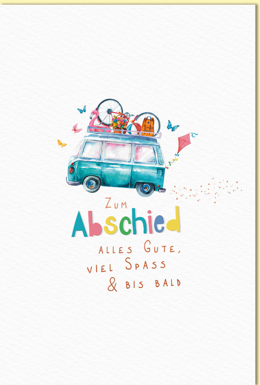 Abschiedskarte mit buntem Bulli, Gepäck, Fahrrad, Flamingo, Drachen und fröhlichem Spruch für Kollegen Freunde oder Schüler