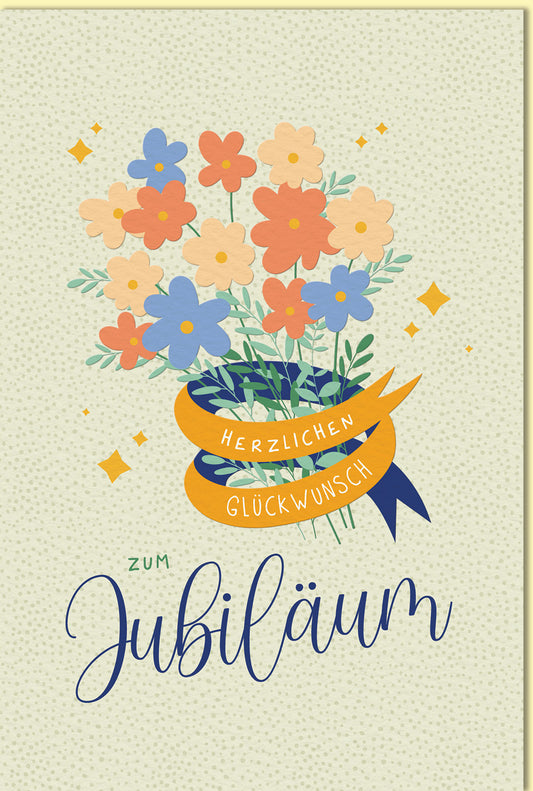 Glückwunschkarte zum Jubiläum mit buntem Blumenstrauß und Herzlichen Glückwunsch Schriftzug liebevoll gestaltet für besondere Anlässe