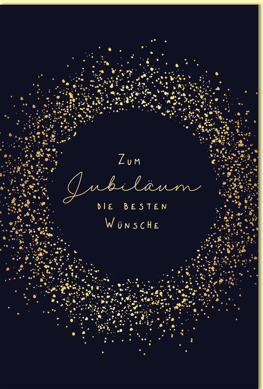 Glückwunschkarte zum Jubiläum mit edlem goldenen Konfetti-Kreis und elegantem Schriftzug auf dunkelblauem Hintergrund für besondere Anlässe