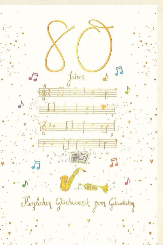 80. Geburtstagskarte - Elegante Musiknoten & Trompete, Goldene Schrift, Klassische Feierlichkeiten