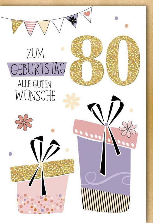 80. Geburtstagskarte – Glanzvolles Design mit bunten Fähnchen, Hochwertige Papeterie für festliche Anlässe und besondere Glückwünsche