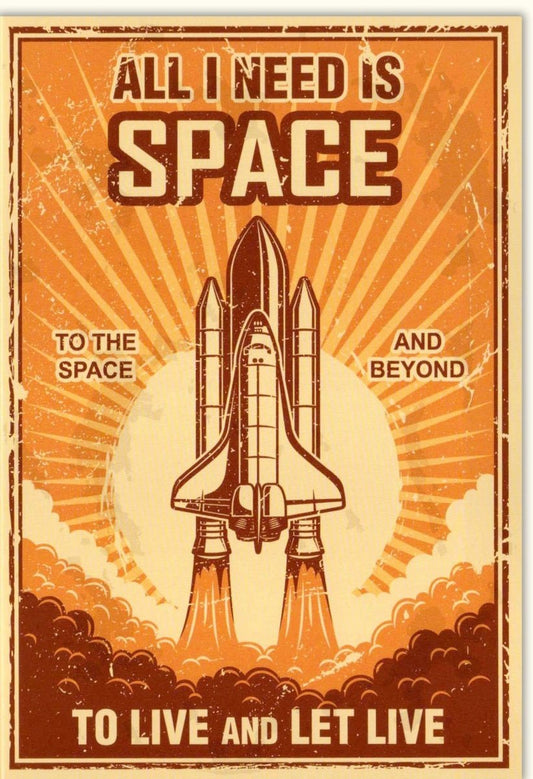 Abschiedskarte "All I Need is Space" - Retro Rakete Design, Vintage Raumfahrt, Humorvolle Karte für Abenteuerlustige