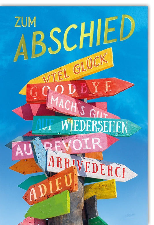 Abschiedskarte: Bunter Wegweiser, Mehrsprachige Grüße von Galerie Dominique