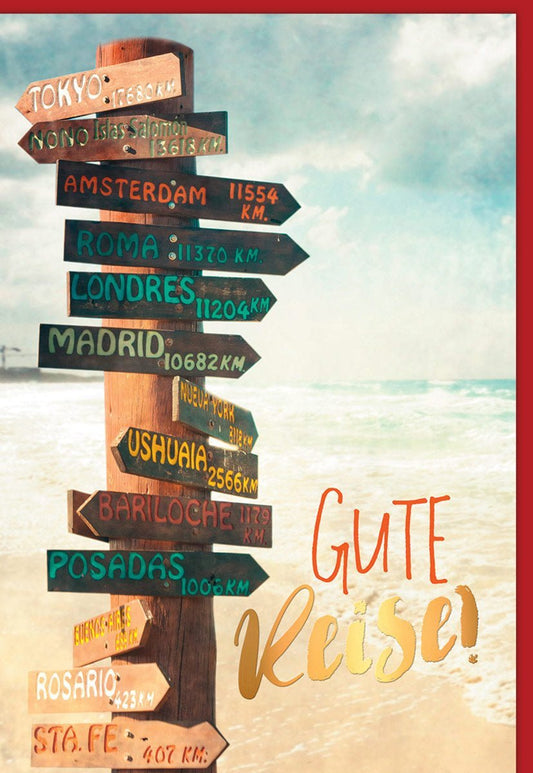 Abschiedskarte für Kollegen: Wegweiser zu Städten und "Gute Reise" auf Strandmotiv