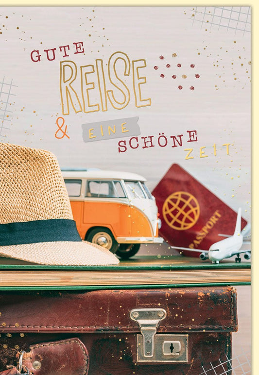 Abschiedskarte: Gute Reise mit Koffer, Hut, Reisepass & Flugzeug – Perfekt für Urlauber und Reisende