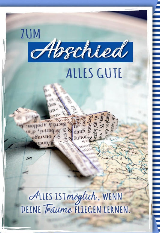 Abschiedskarte "Horizonte entdecken" – Weltkarte & Papierflugzeug, La Vida Verlag Dominique