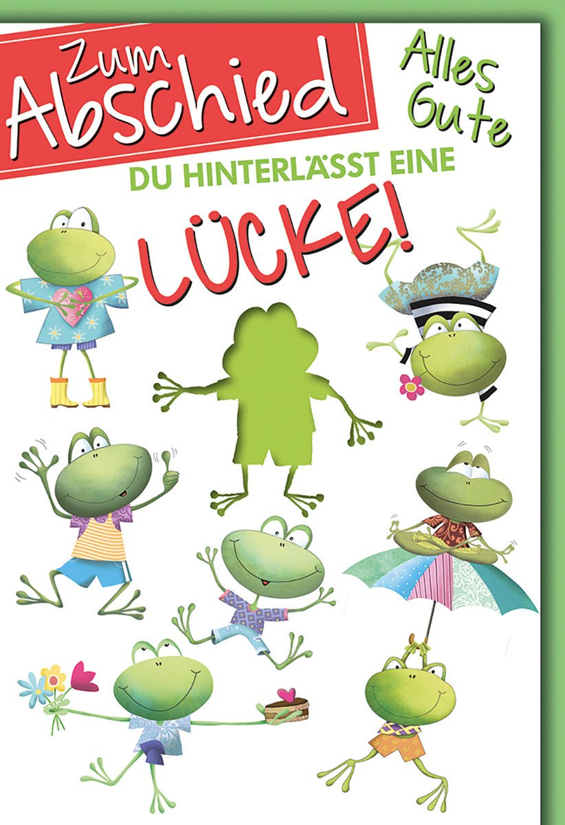 Abschiedskarte Kollegen – Fröhliche Frösche mit Humor und buntem Design