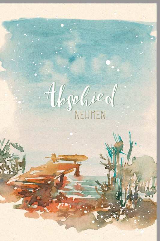 Abschiedskarte mit Aquarell Steg am See sanfte Farben stilvolles Design für einen liebevollen Abschiedsgruß hochwertige Doppelkarte