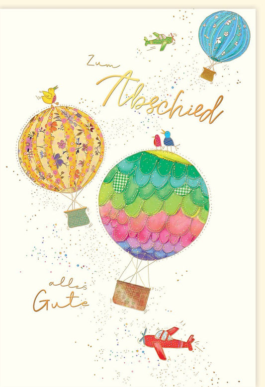Abschiedskarte mit Heißluftballon - Bunte Farewell Karte mit Glitzer von Skorpion Design, Perfekt für eine Gute Reise