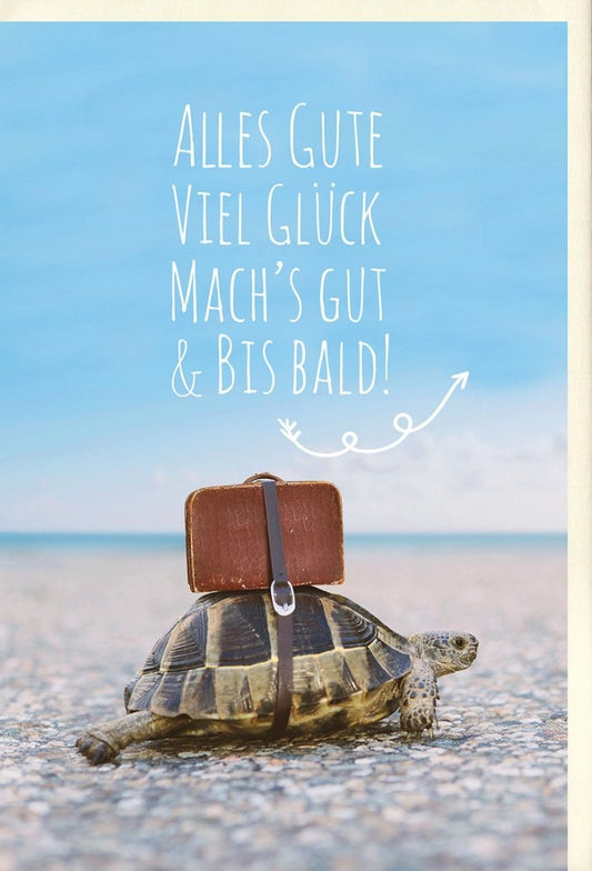 Abschiedskarte Ruhestand & Reise - Schildkrötenmotiv, Meereshimmel, Neuanfangswünsche, Bis bald Gruß