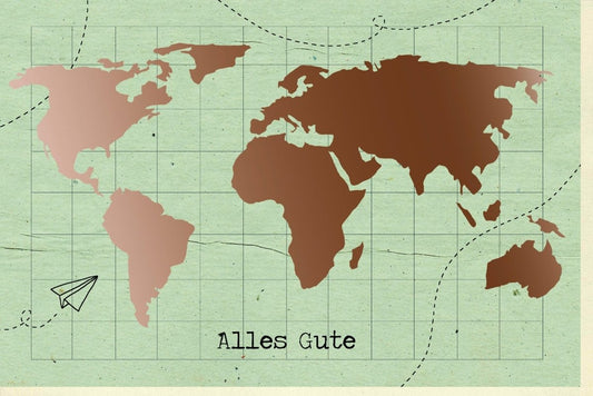 Abschiedskarte "Weltreise - Traum" – Farewell Karte mit Weltkarte & Papierflieger für neue Abenteuer und Aufbrüche