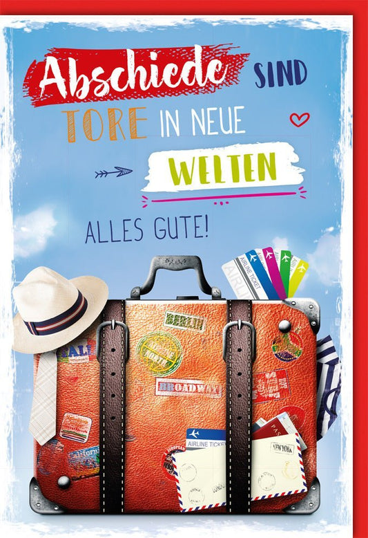 Abschiedskarte zur Weltreise: Gute Reise & Abenteuerlust - Grußkarte mit Koffer - Sticker Design