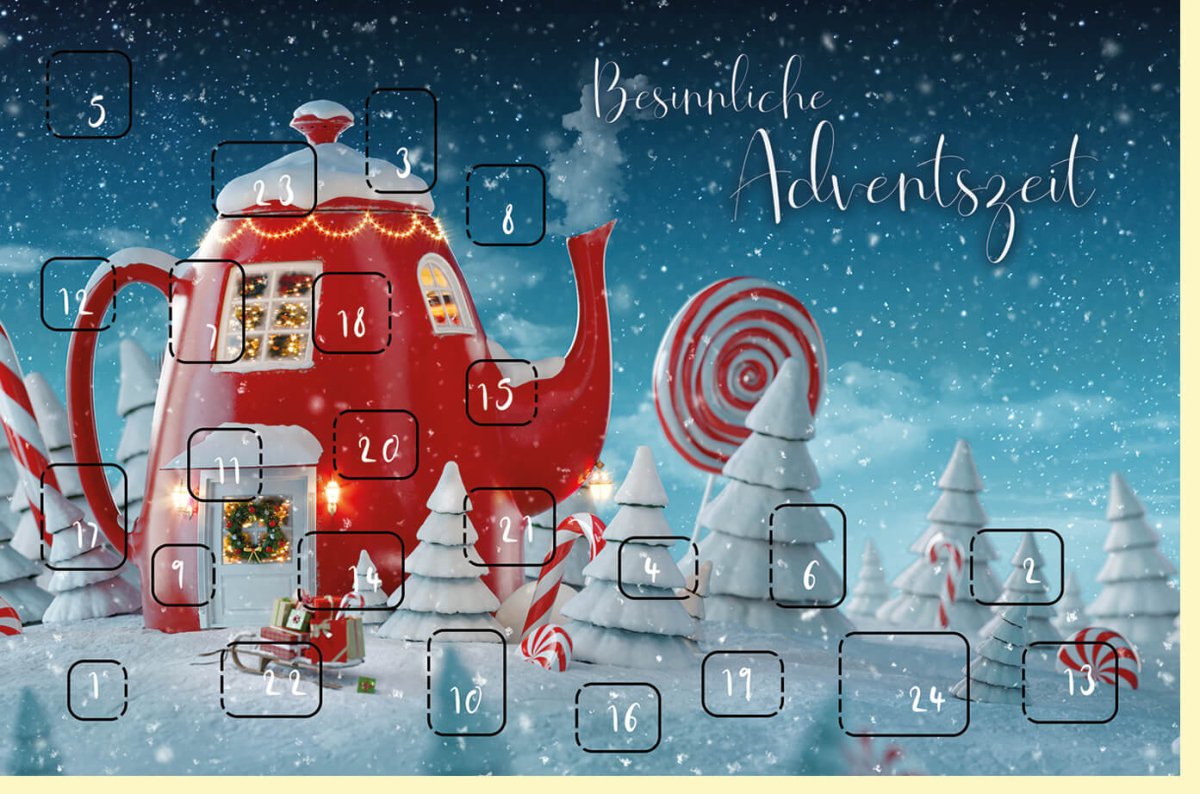 Adventskarte mit Teekannenhaus und verschneiter Winterlandschaft stimmungsvoll für besinnliche Adventszeit liebevoll illustriert