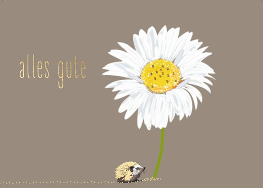 Alles Gute Postkarte: Fröhlicher Igel mit Margerite - Charmante Naturillustration in Braun & Grün