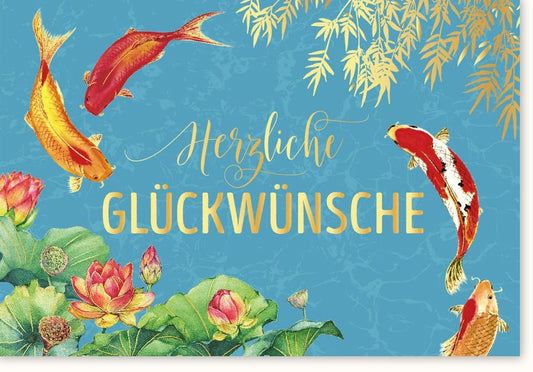 Allgemeine Glückwunschkarte mit Koi - Fischen & Seerosen - Farbenfrohes Wasser - und Blumenmotiv für Feierlichkeiten