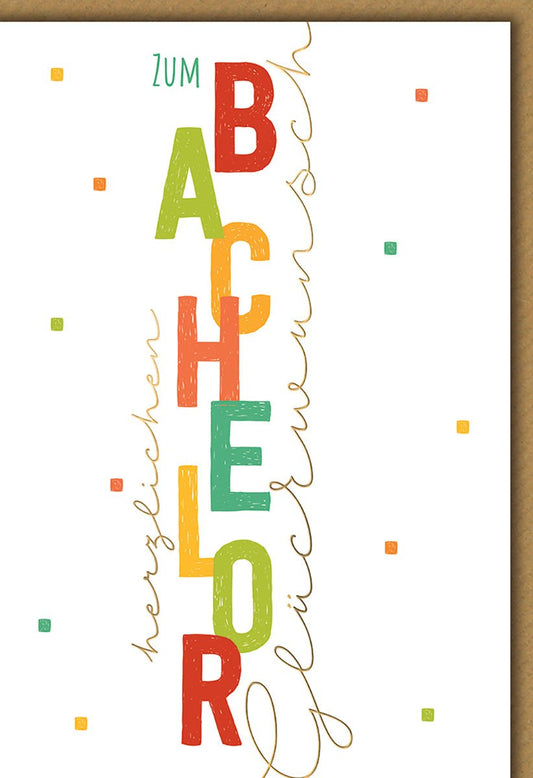 Bachelor Glückwunschkarte – Bunte Buchstaben mit verspieltem Design und modernen Farben