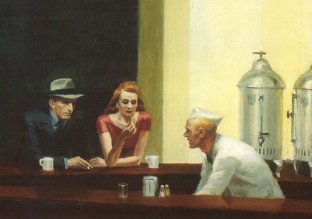 Blanko - Postkarte – Edward Hopper "Nachtschwärmer", Diner - Motiv, 1930er Nachtleben, Realismus - Kunst, Bar & Café Atmosphäre, Stille und Isolation