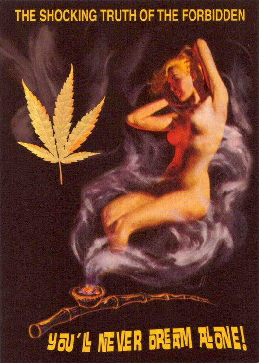 Blanko - Postkarte – Kunstmotiv Rauchende Frau mit Blatt & Zigarette in Schwarz, Rot, Gelb – 'Alone' Text