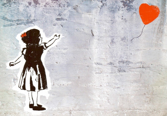 Blanko - Postkarte Mädchen - "Flying Heart" Luftballon & Herz Streetart, Urban Graffitikunst, Kreatives Geschenk für Träume und Freude