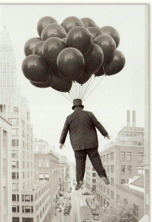 Blankokarte "Big Boss in New York" - Stilvolle Schwarz - Weiß - Fotografie mit Mann & Luftballons, Stadtansicht, Monochromes Design