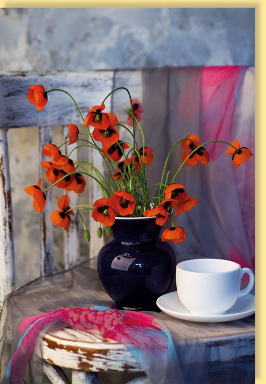 Blankokarte Frühlings - & Sommergruß - Mohnblumen in Vase, Naturmotiv in Rot Orange Grün für Frauen & Männer