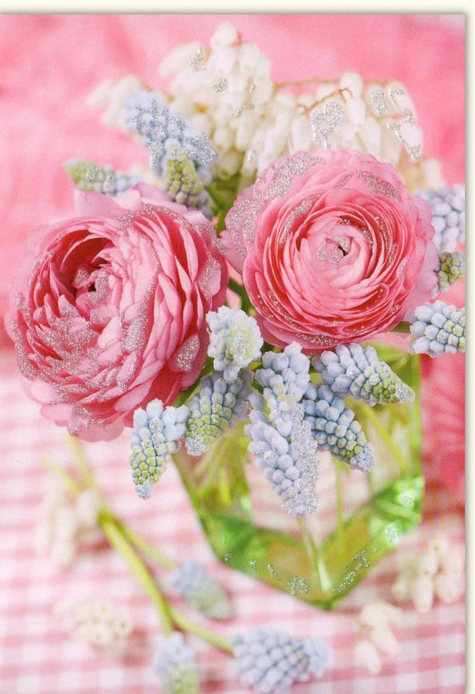 Blankokarte Frühlingsgruß & Liebe - Elegantes Rosenmotiv in Glas - Optik, Rosa Pink Blüten für besondere Anlässe, Zarte Natur Romantik Dekoration