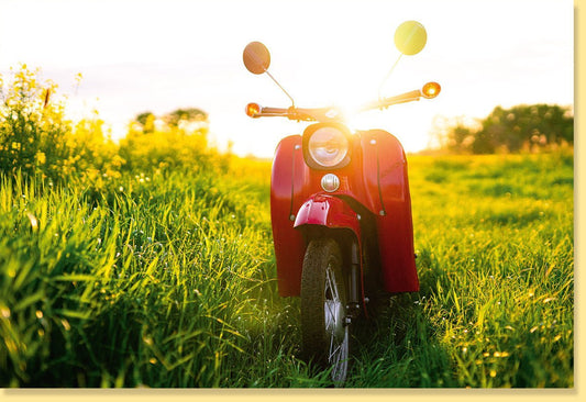 Blankokarte für Frühlings - & Sommergrüße: Naturmotiv Sonnenuntergang mit Motorroller, Ideal für Geburtstag & Alltagsabenteuer, Erwachsene & Jugendliche