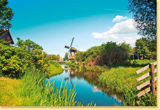 Blankokarte "Idyllische Natur" - Windmühle, Bach & Wiesenmotiv für Hochzeit & Feiern, Friedliche Landschaft im A6 Format