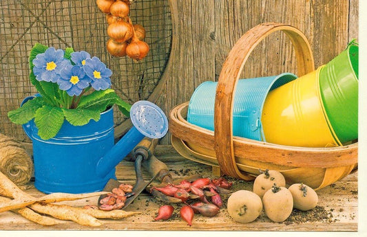 Blankokarte mit Gießkannen - und Eimermotiv für Gartenliebhaber, ideal für jeden Anlass