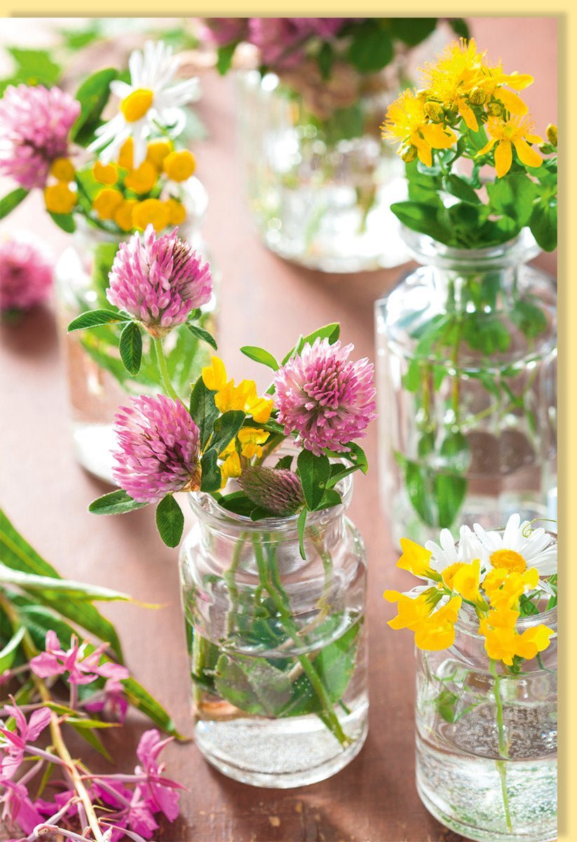 Blankokarte mit Naturmotiv: Frühlings - & Sommerblumen, Bunte Blüten für Naturliebhaber & Gartenfreunde, Rosa Gelb Grüntöne, Allzweck Geschenkkarte