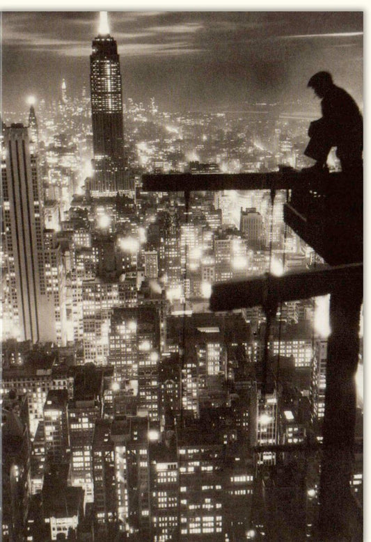 Blankokarte "New York City Skyline bei Nacht" - Schwarz - Weiß Silhouette, Urbane Architektur mit Lichtern, Ideal für Metropolen - Liebhaber