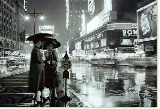 Blankokarte "Times Square bei Nacht" - Vintage NYC Schwarz - Weiß Fotografie, Urbanes USA Flair mit Paar & Regenschirm, Historische Beleuchtung