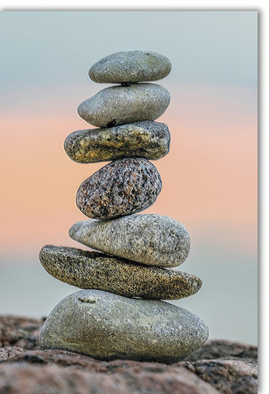 Blankokarte "Zen Balance" – Naturmotiv mit Steinen, Strand & Sonnenuntergang für innere Ruhe und Harmonie