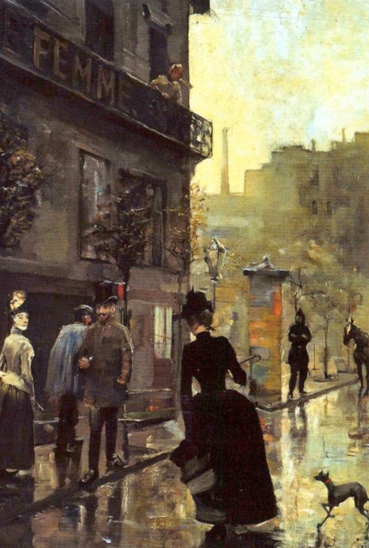 Blankopostkarte Belle Époque Paris Boulevard - Akseli Gallen - Kallela Kunstwerk, Vintage Stadtansicht mit eleganter Straßenszene und Beleuchtung