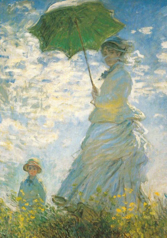 Blankopostkarte - Claude Monet Meisterwerk, Frau mit Kind und Schirm in grüner Natur