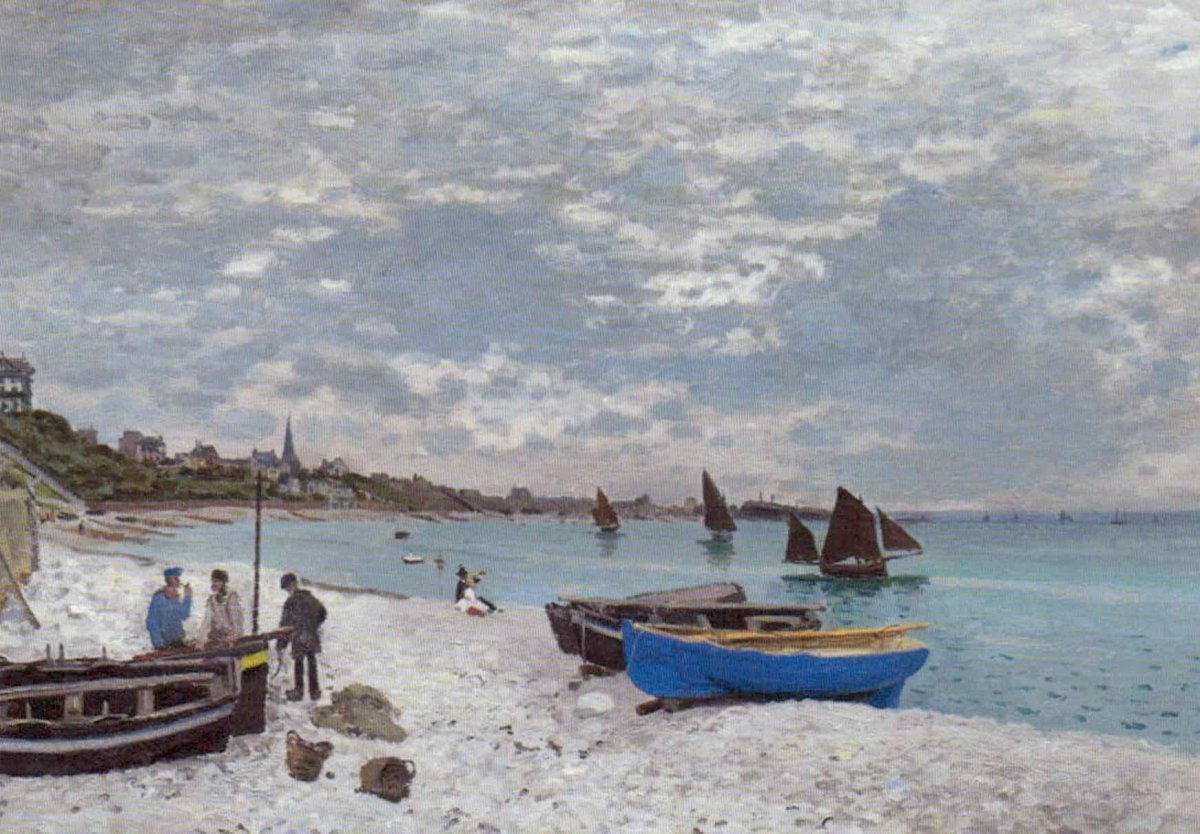 Blankopostkarte Claude Monet "Strand von Sainte - Adresse" – Impressionismus - Kunst mit Segelbooten, ideal als Vintage - Geschenk für Kunstliebhaber