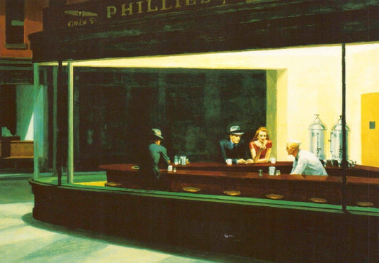 Blankopostkarte "Edward Hopper Nighthawks" - Retro Nachtcafé Kunst, 1940er Sammlerstück für Liebhaber der amerikanischen Malerei