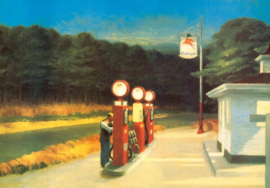 Blankopostkarte: Edward Hopper Tankstelle – Retro Amerika 1930er, Sammlerstück für Kunstliebhaber, stilvolle Abenddämmerung