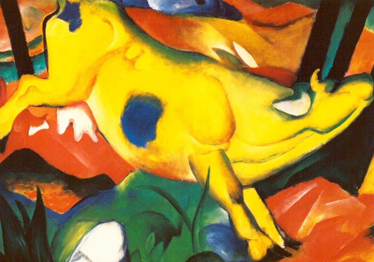 Blankopostkarte - Franz Marc "Gelbe Kuh", Farbenfrohes Expressionismus Tiergemälde, Sammlerstück