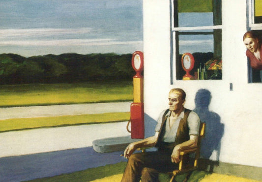 Blankopostkarte mit Vintage Tankstelle und Mann im Sonnenlicht ideal für persönliche Grüße hochwertige Postkarte Kunstmotiv