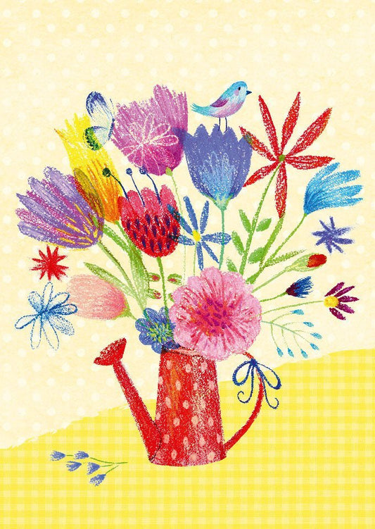 Blankopostkarte: Rote Gießkanne mit Blumenmotiv – Kreative Grüße senden