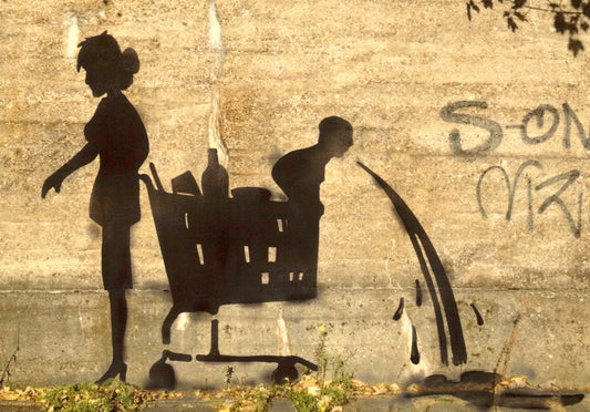 Blankopostkarte Streetart Barcelona - Kreative Urban Kunst mit Graffiti Schablone, Einkaufswagen & Skater Silhouette