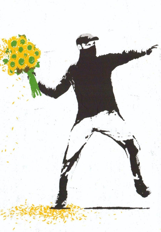 Blankopostkarte - Streetart Blumenwerfer im Banksy - Stil, Urban Art für Umweltbewusstsein & Kreativität, Einzigartiges Sammlerstück