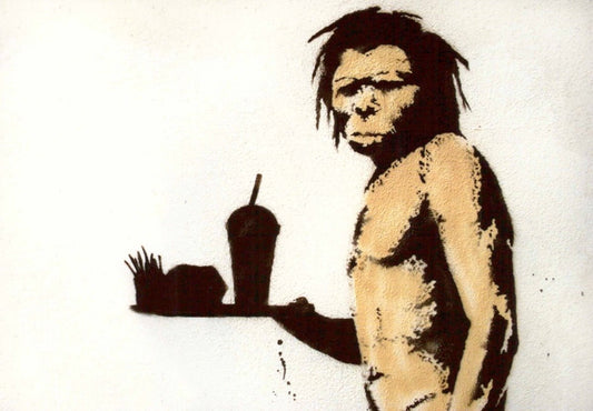 Blankopostkarte Streetart: Graffiti Fastfood & Urmensch, Urban Art Unikat für Postcrossing & Dekoration im Retro Vintage Look