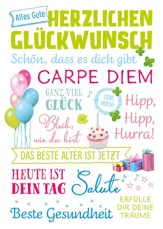 Bunte Geburtstagskarte: Fröhliches Design mit Ballons, Kuchen und Kerzen in dekorativer Schrift