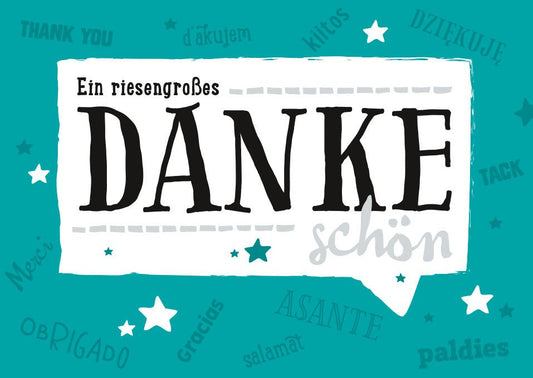 Dankeschön - Postkarte: Türkis - Weiß mit Sternen, Multilingualer Text für Anerkennung