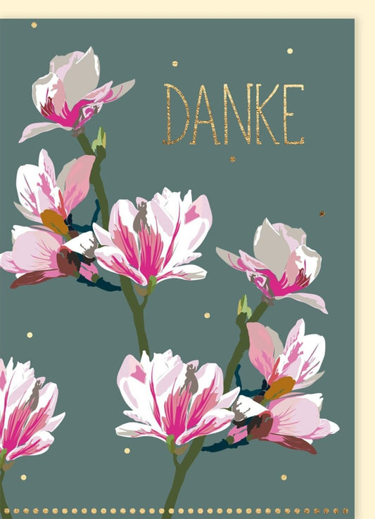 Dankeskarte mit elegantem Blumenmuster – Magnolien & Goldschrift, Floral für jeden Anlass