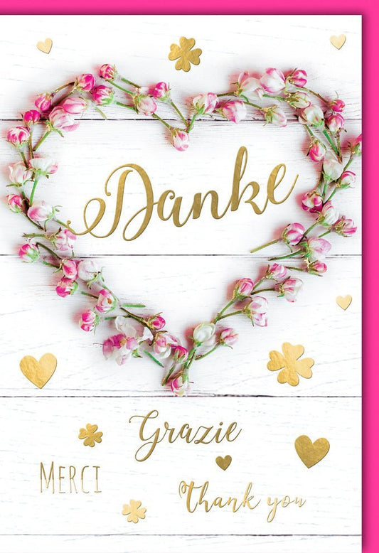 Dankeskarten "Herzlichen Dank" - Blumen & Herz Motiv, Perfekt zum Danke Sagen in verschiedenen Sprachen