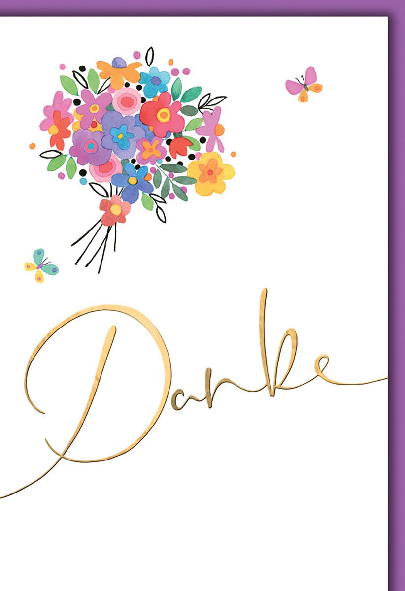 Danksagungskarte Blumenstrauß – Bunte Blüten mit Schmetterlingen und Goldschrift