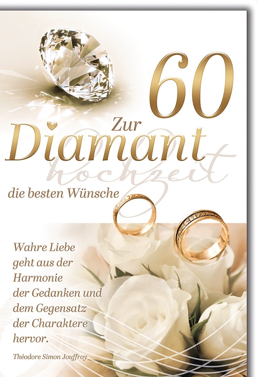 Diamanthochzeitskarte Elegant – Goldene Ringe mit weißen Rosen und Zitat